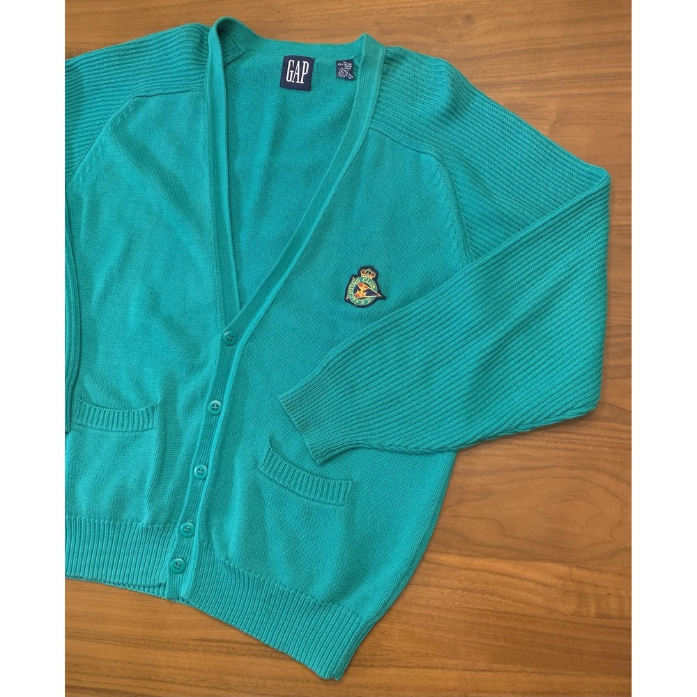 Vintage Gap 90s Cardigan Sweater Mens M Green Yachting Club Crest Preppy Money